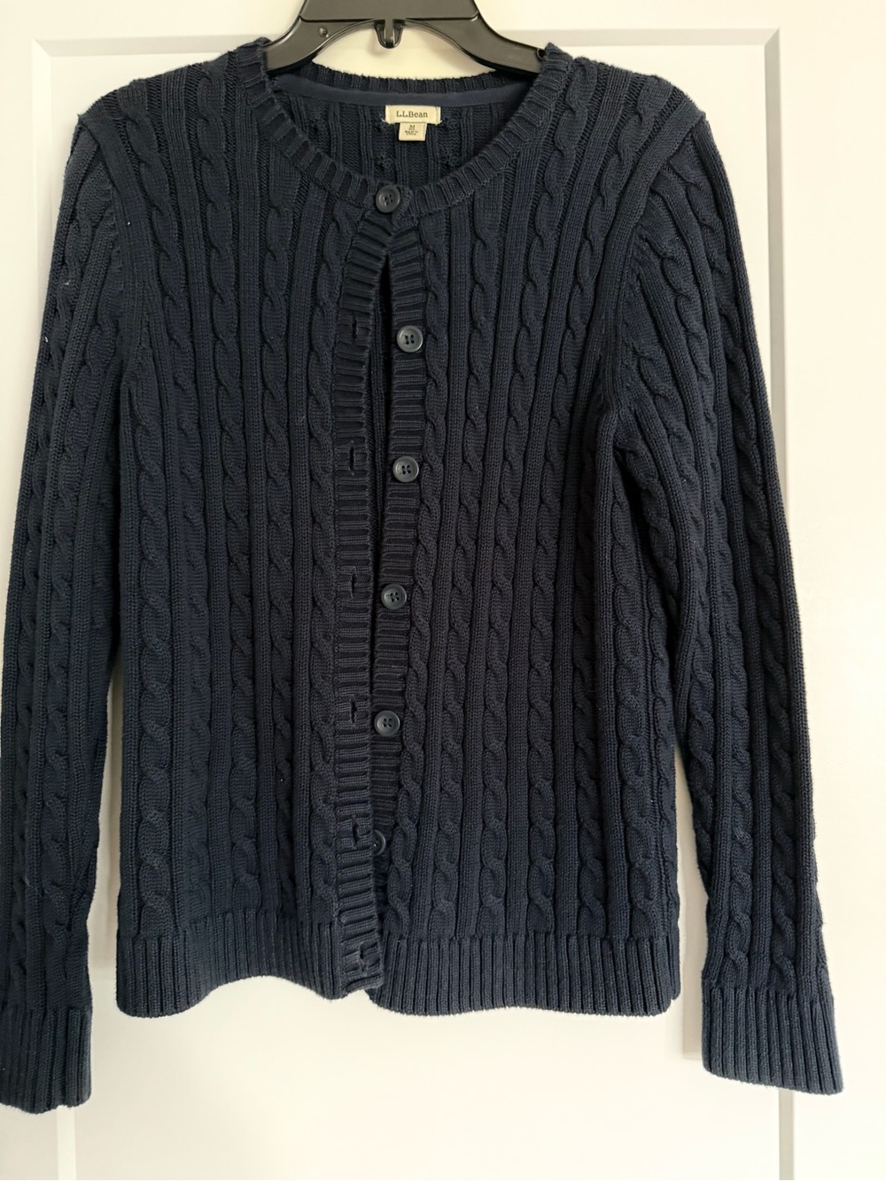 L.L. Bean Navy Blue Double Cable Knit Cotton Crewneck Cardigan Sweater Size M